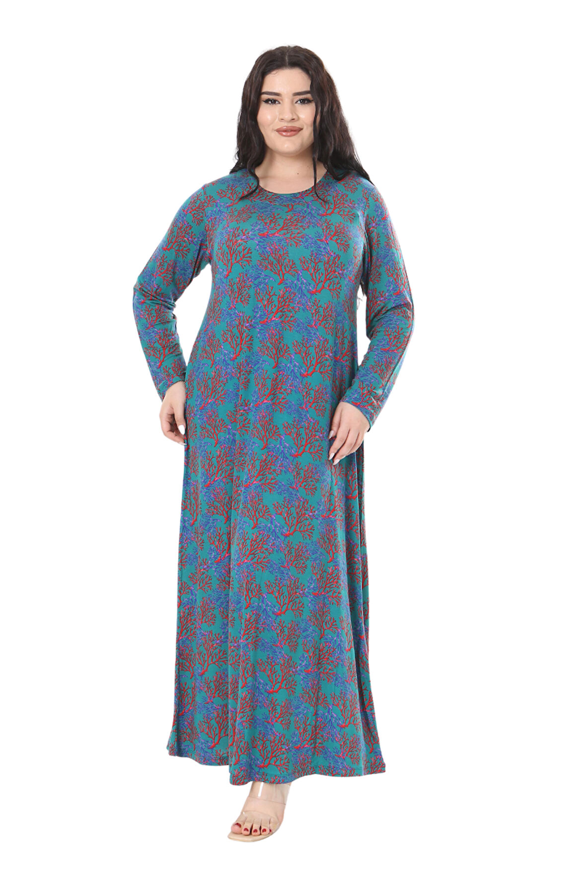 Melsay Butik Mavi Kırmızı Mercan Desen Uzun Kollu Kadın Elbise