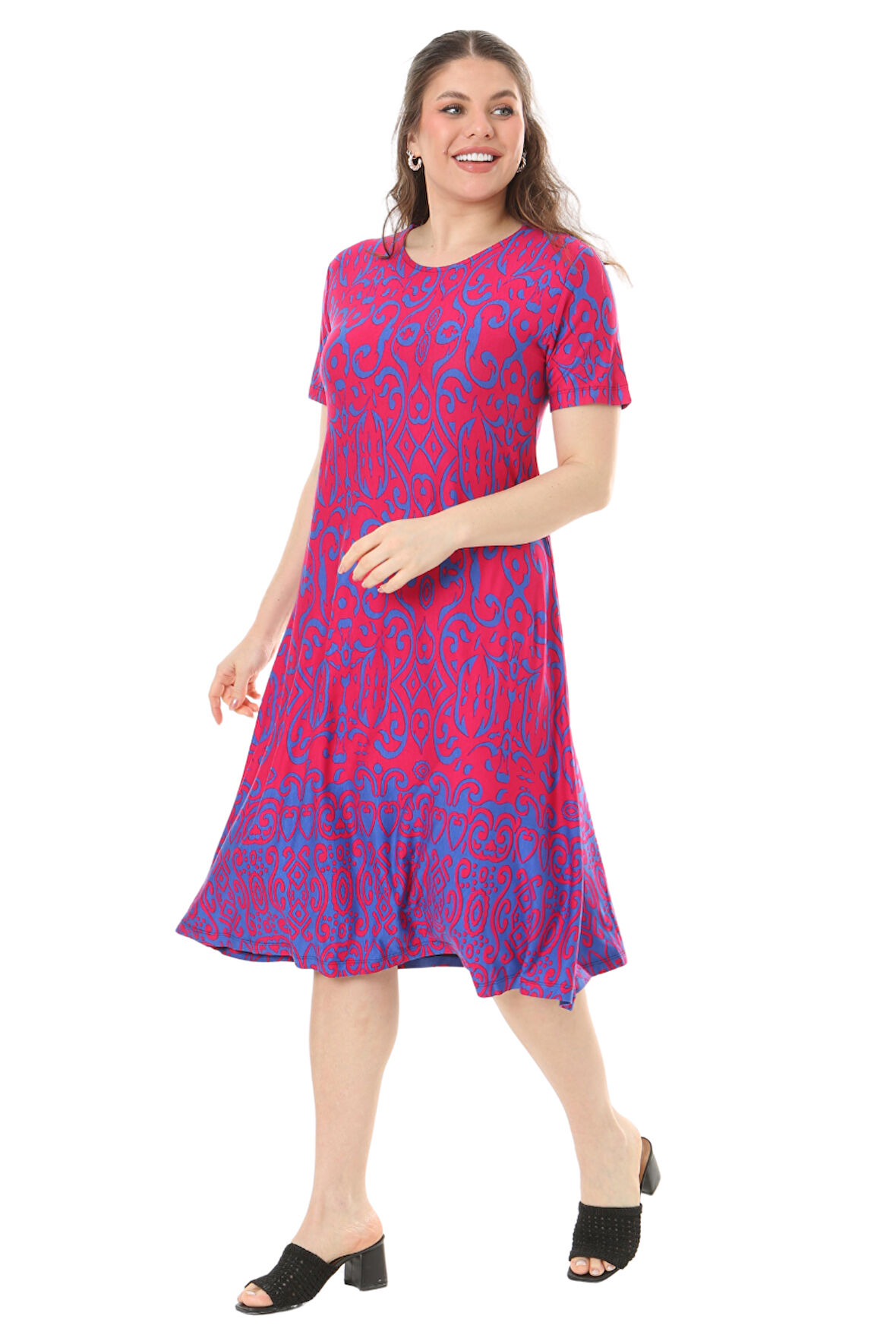 Melsay Butik Pembe Kilim Desen Kısa Kollu Büyük Beden Midi Elbise