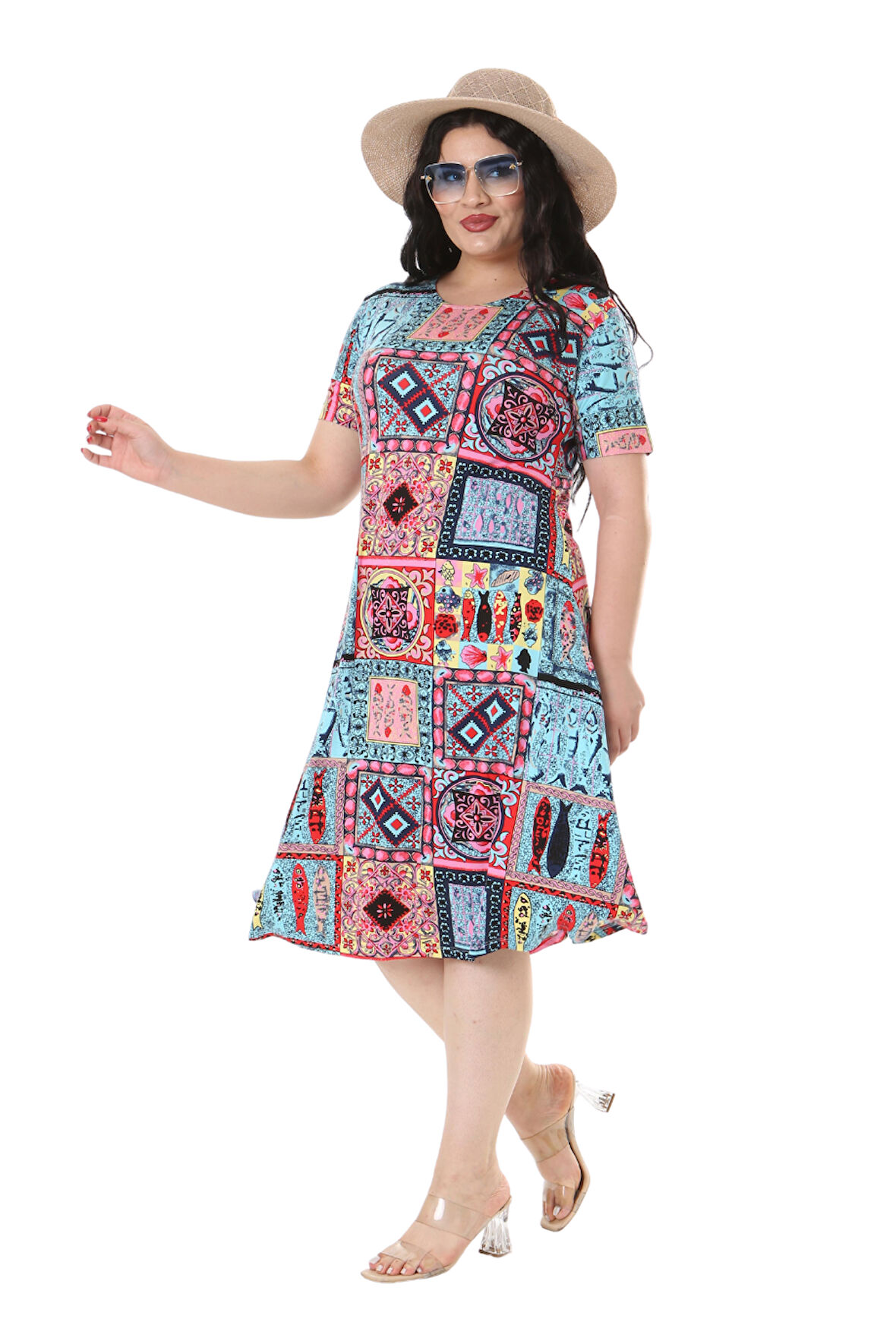 Melsay Butik Mavi Çini Desen Kısa Kollu Büyük Beden Midi Elbise