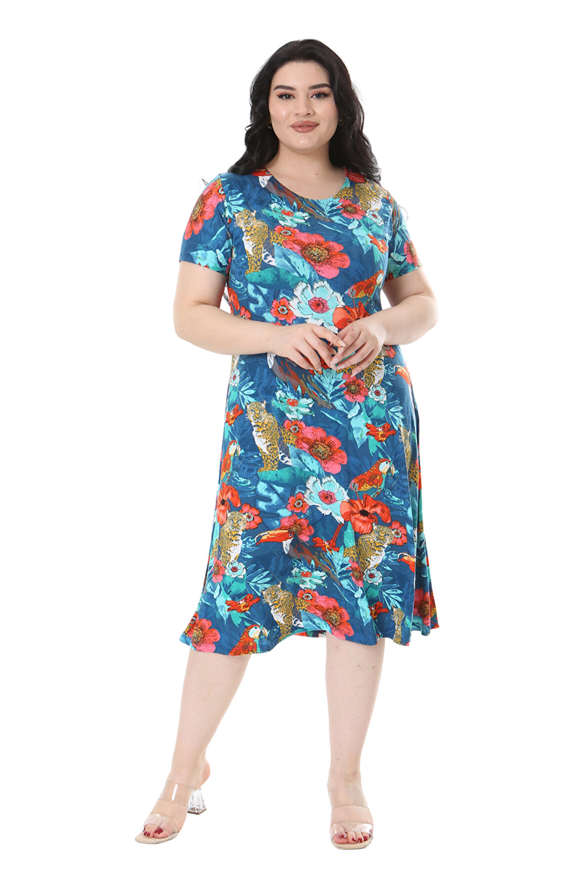 Melsay Butik Mavi Afrika Desen Kısa Kollu Midi Elbise