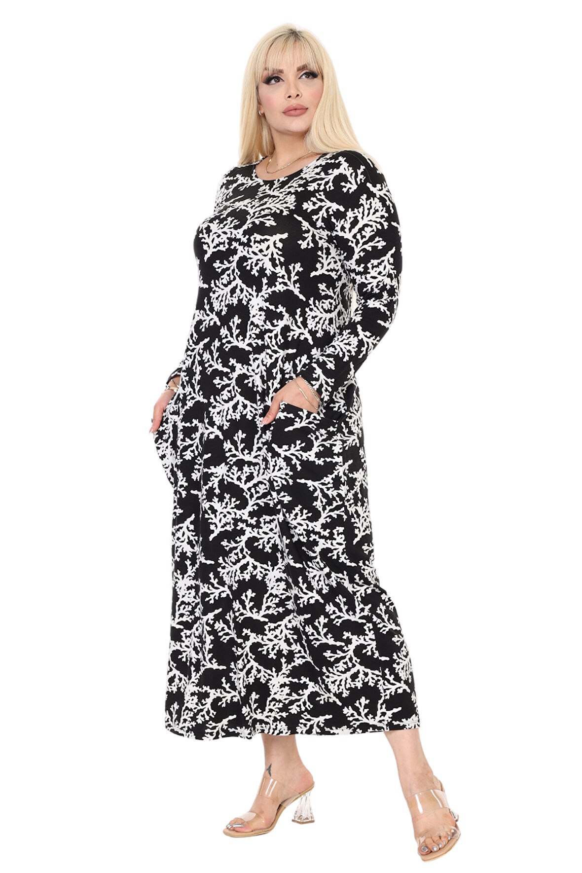 Melsay Butik Beyaz Mercan Desen Uzun Kollu Cepli Uzun Elbise