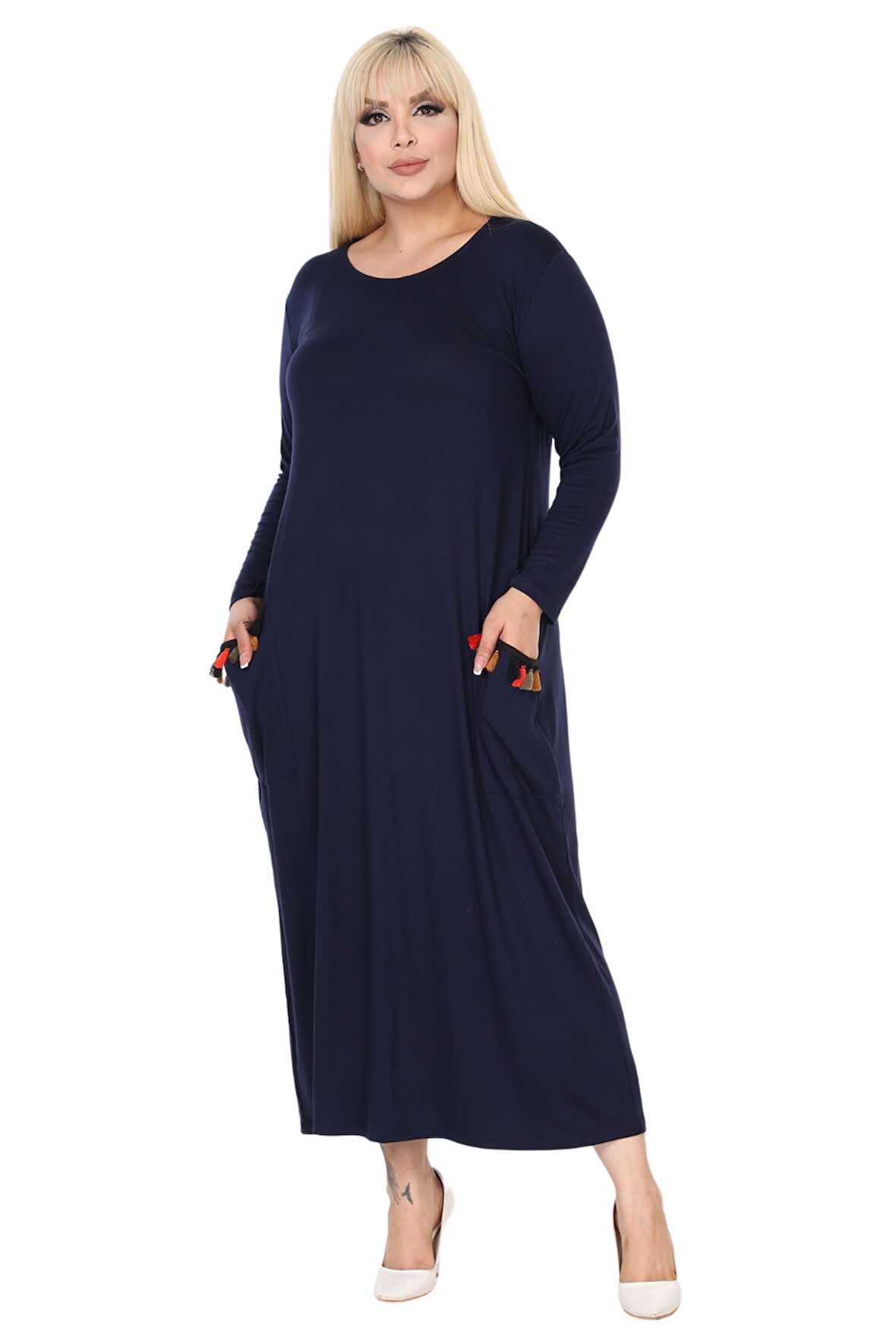 Melsay Butik Püsküllü Cepli Kadın Uzun Kollu Lacivert Tesettür Elbise