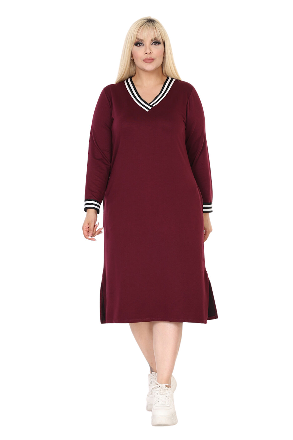 Melsay Butik Bordo Yakası Şeritli V Yaka Uzun Kol İki İplik Elbise