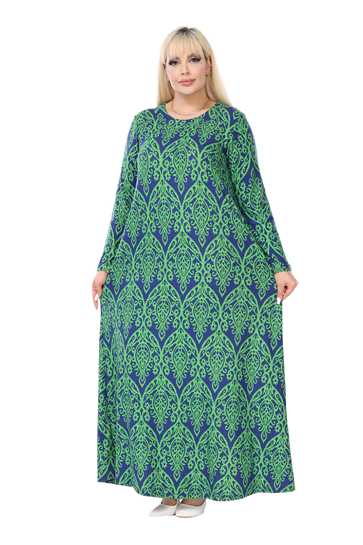 Melsay Butik Yumoş Kumaş Yeşil Dantel Desen Uzun Kollu Kadın Tesettür Elbise