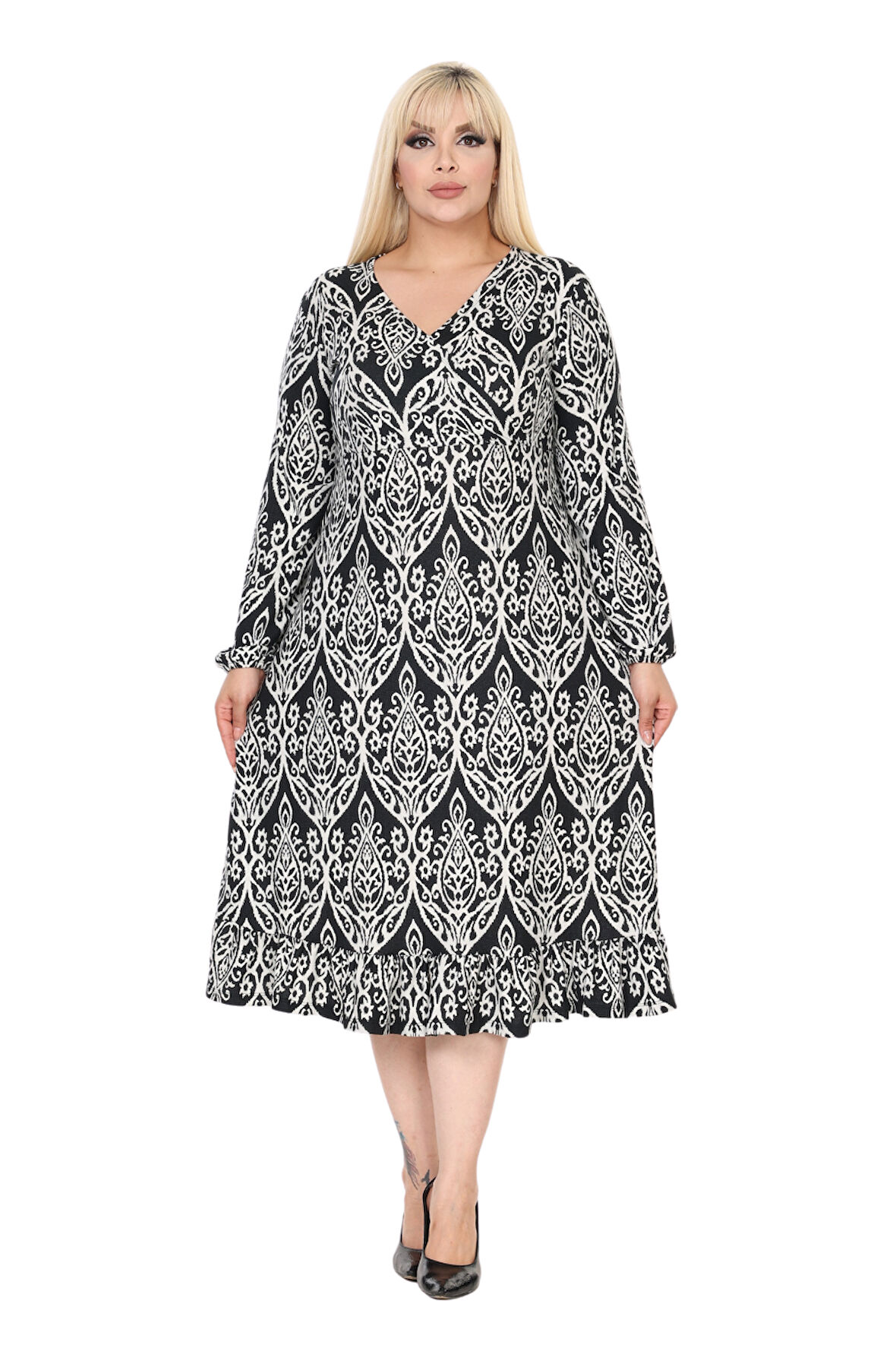 Melsay Butik Yumoş Kumaş Kruvaze Yaka Beyaz Dantel Desen Eteği Fırfırlı Midi Elbise