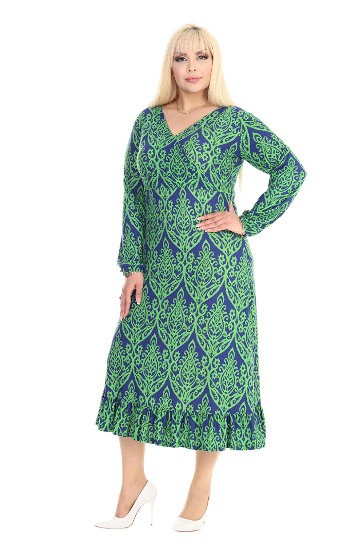 Melsay Butik Yumoş Kumaş Kruvaze Yaka Yeşil Dantel Desen Eteği Fırfırlı Midi Elbise