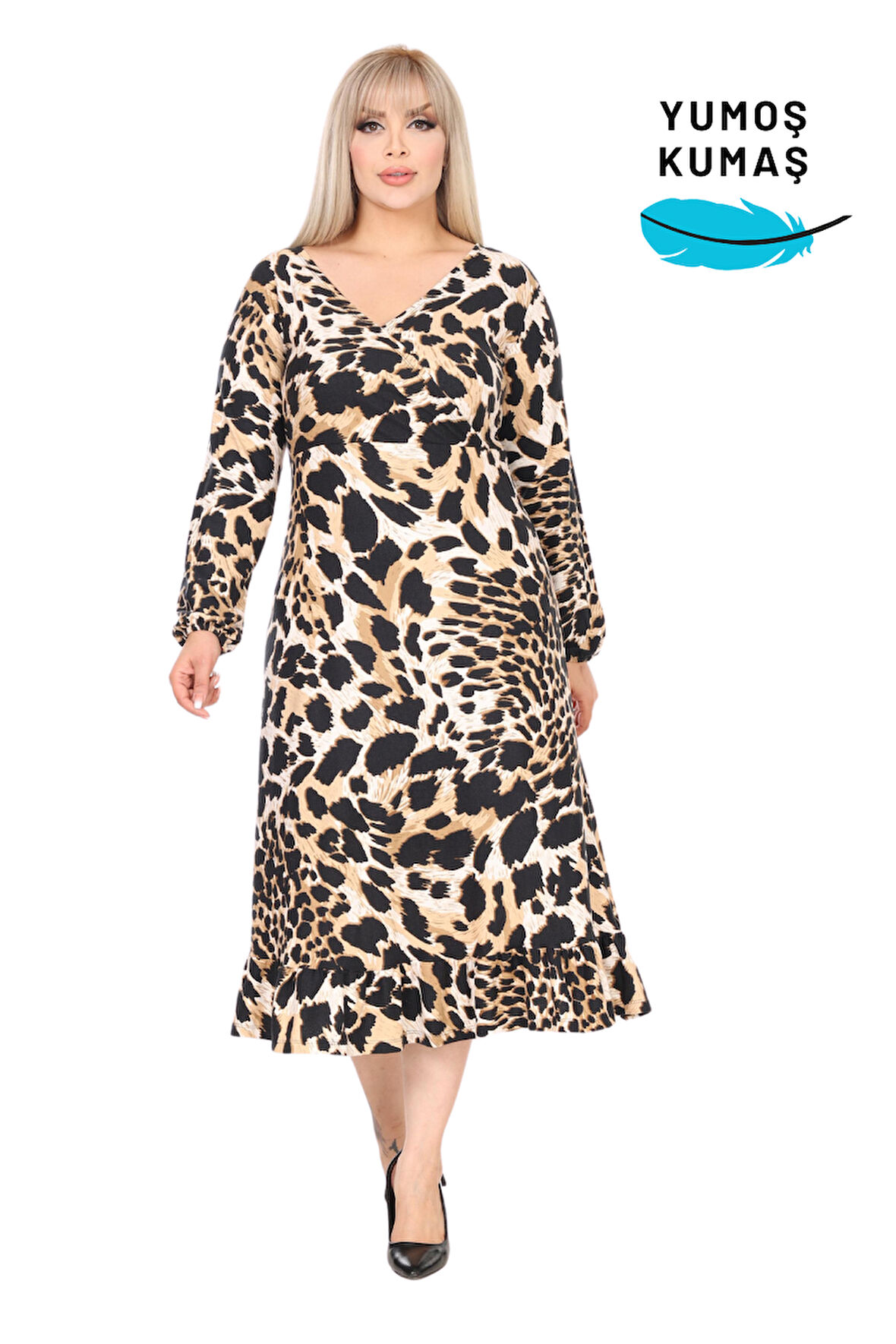 Melsay Butik Yumoş Kumaş Kruvaze Yaka Kaplan Desenli Eteği Fırfırlı Elbise