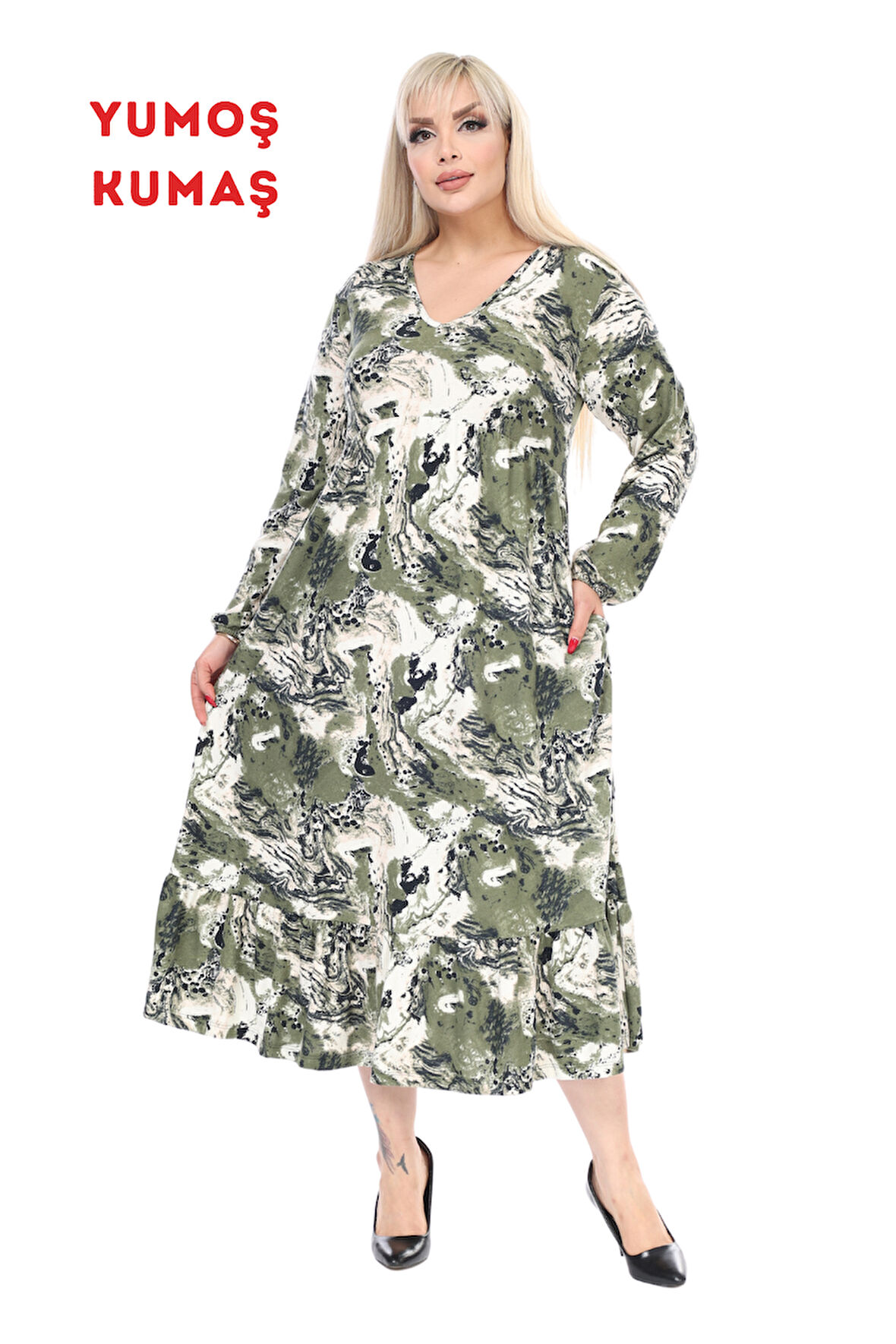 Melsay Butik Kışlık Robalı Yumoş Uzun Kollu Mavi Batik Desenli Cepli Elbise