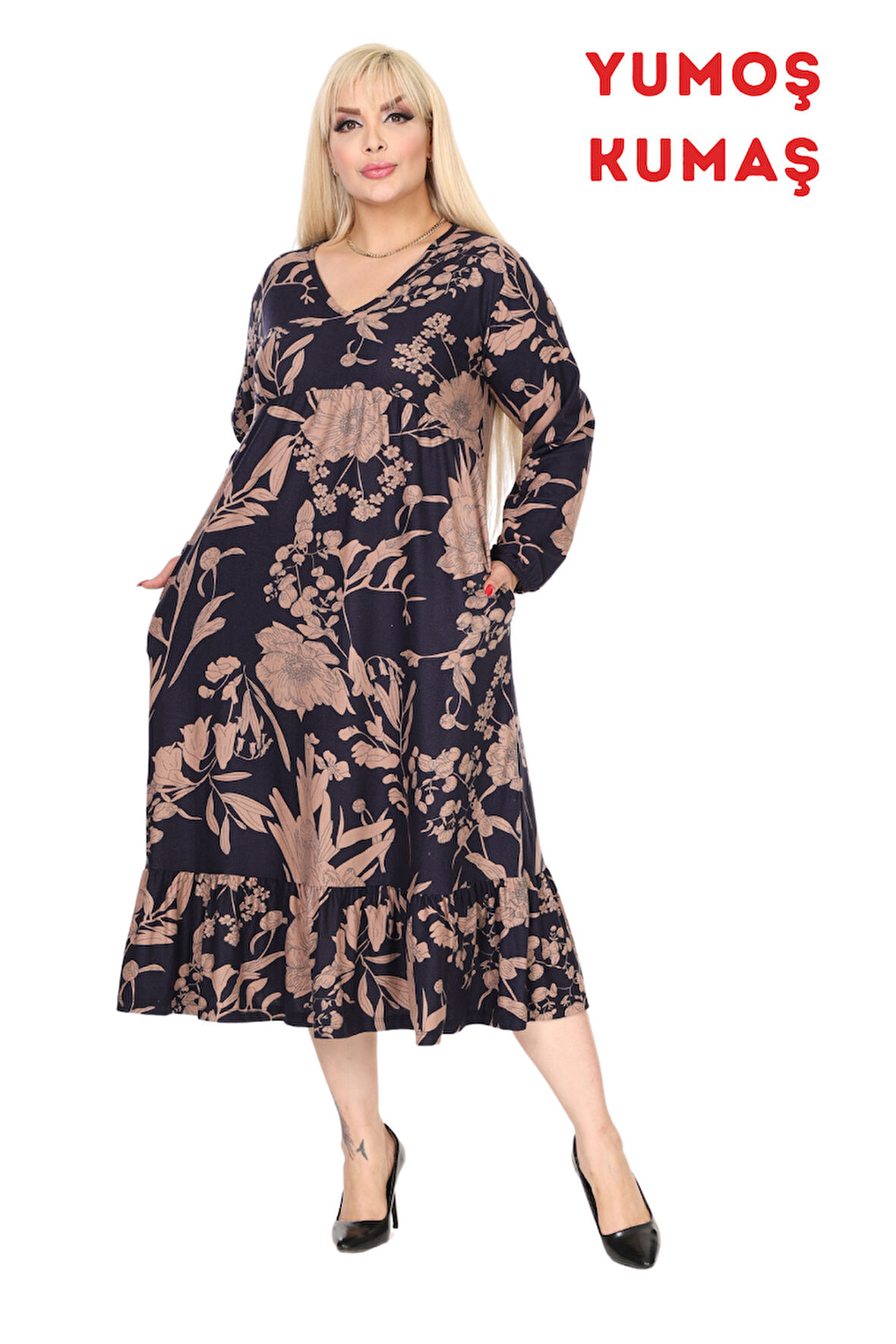 Melsay Butik Kışlık Robalı Yumoş Uzun Kollu Lacivert Yaprak Desenli Cepli Elbise