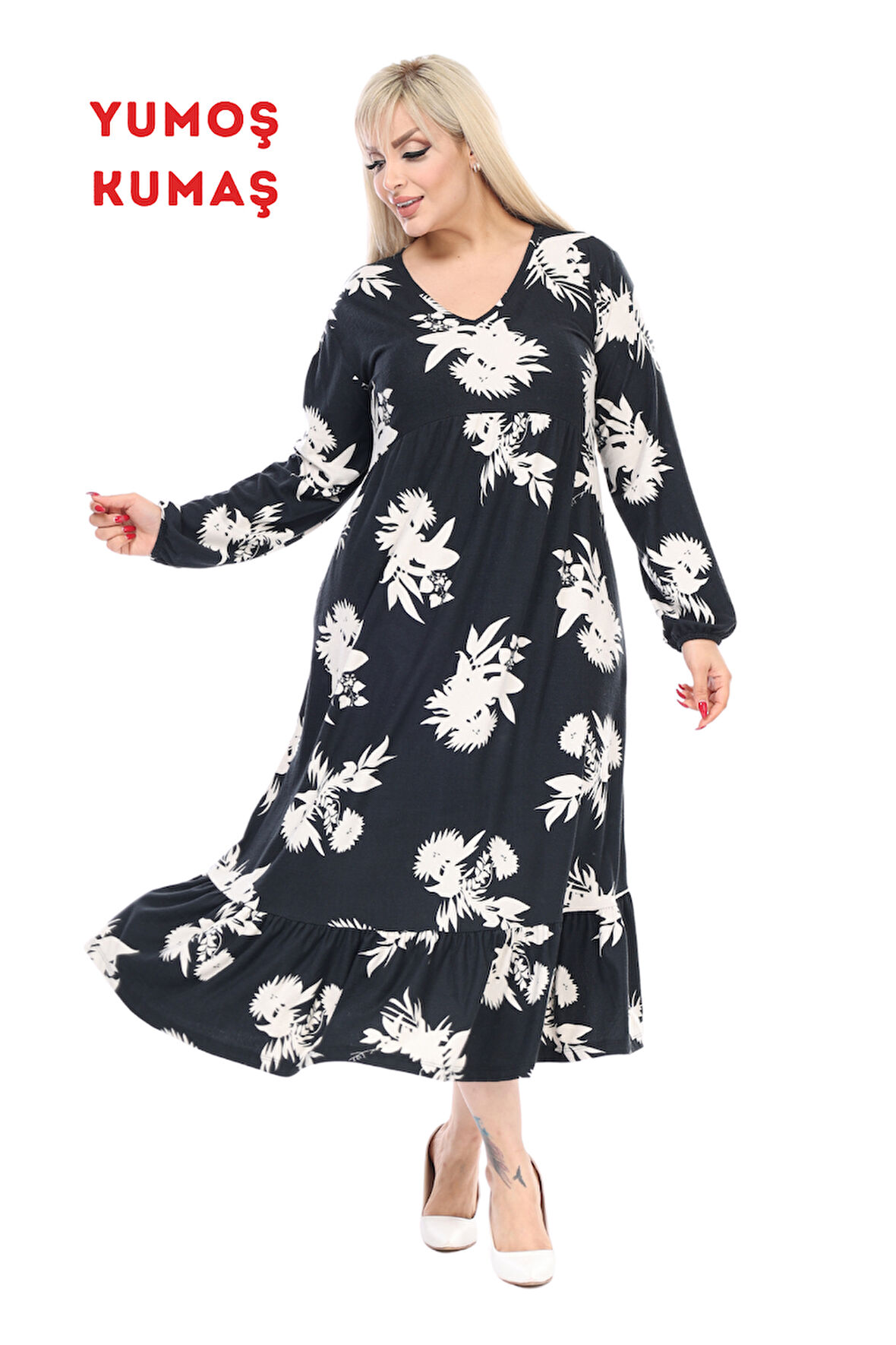 Melsay Butik Kışlık Robalı Yumoş Uzun Kollu Siyah Beyaz Yaprak Desenli Elbise