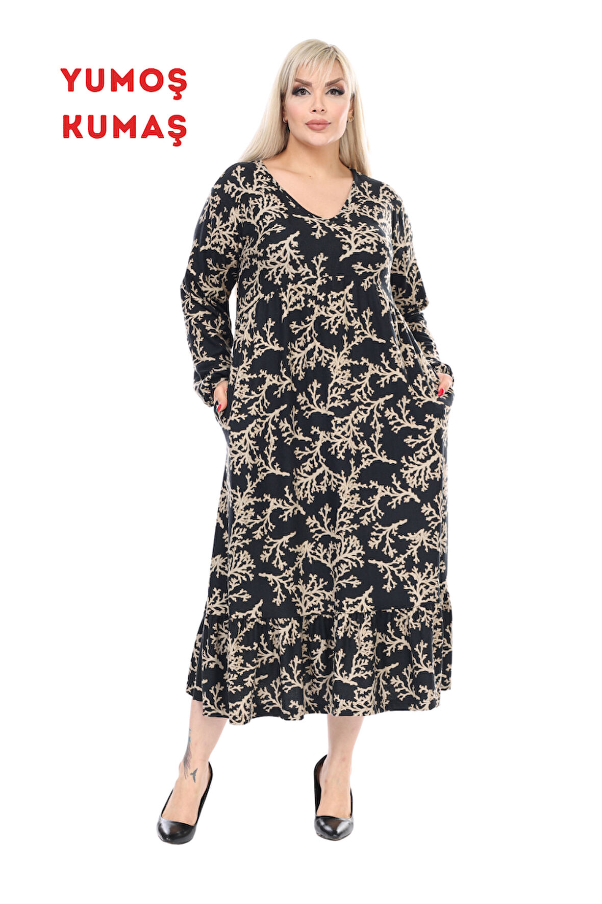 Melsay Butik Kışlık Robalı Yumoş Uzun Kollu Vizon Mercan Desenli Elbise