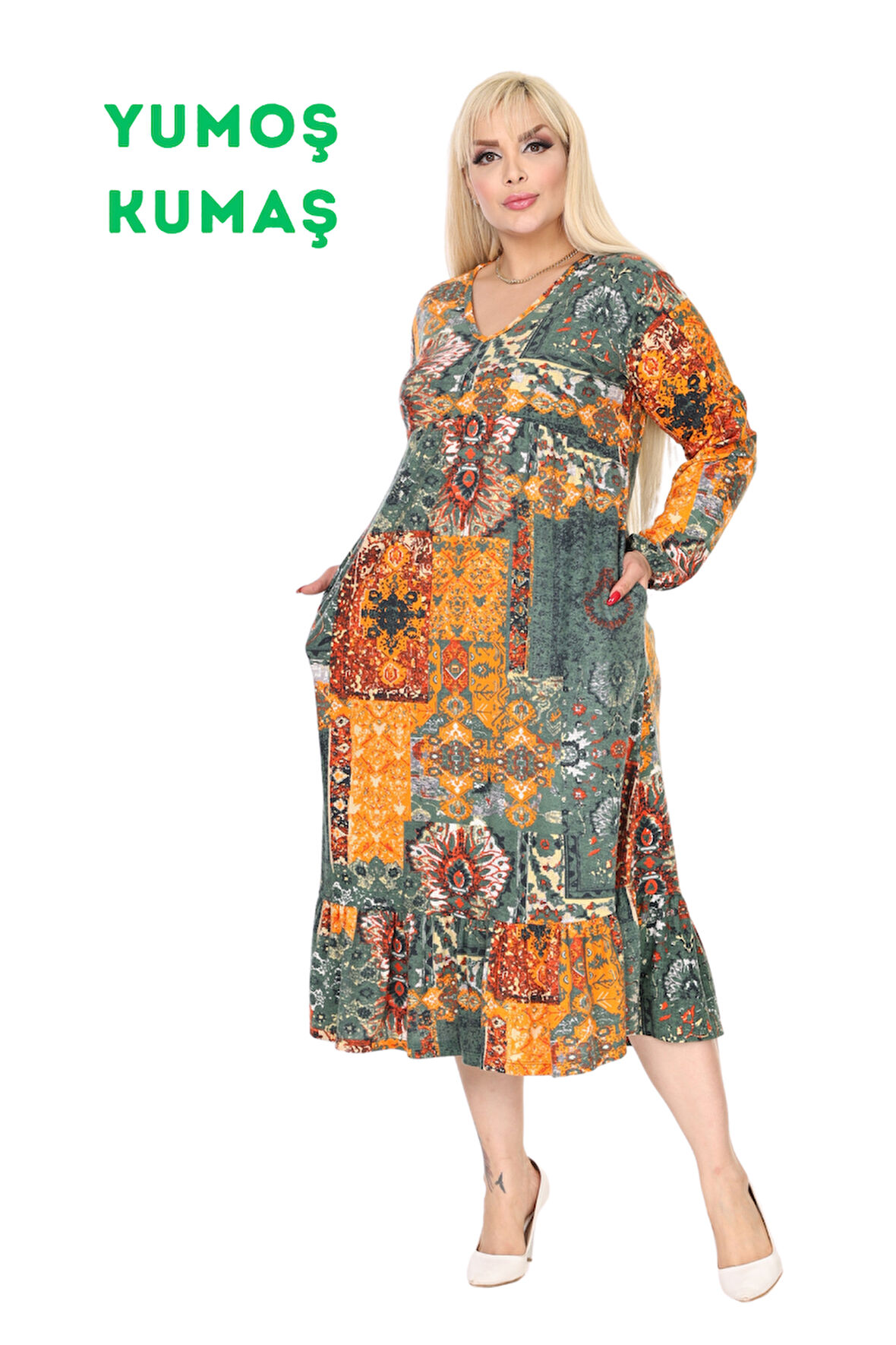 Melsay Butik Kışlık Robalı Yumoş Uzun Kollu Sarı Etnik Desen Elbise