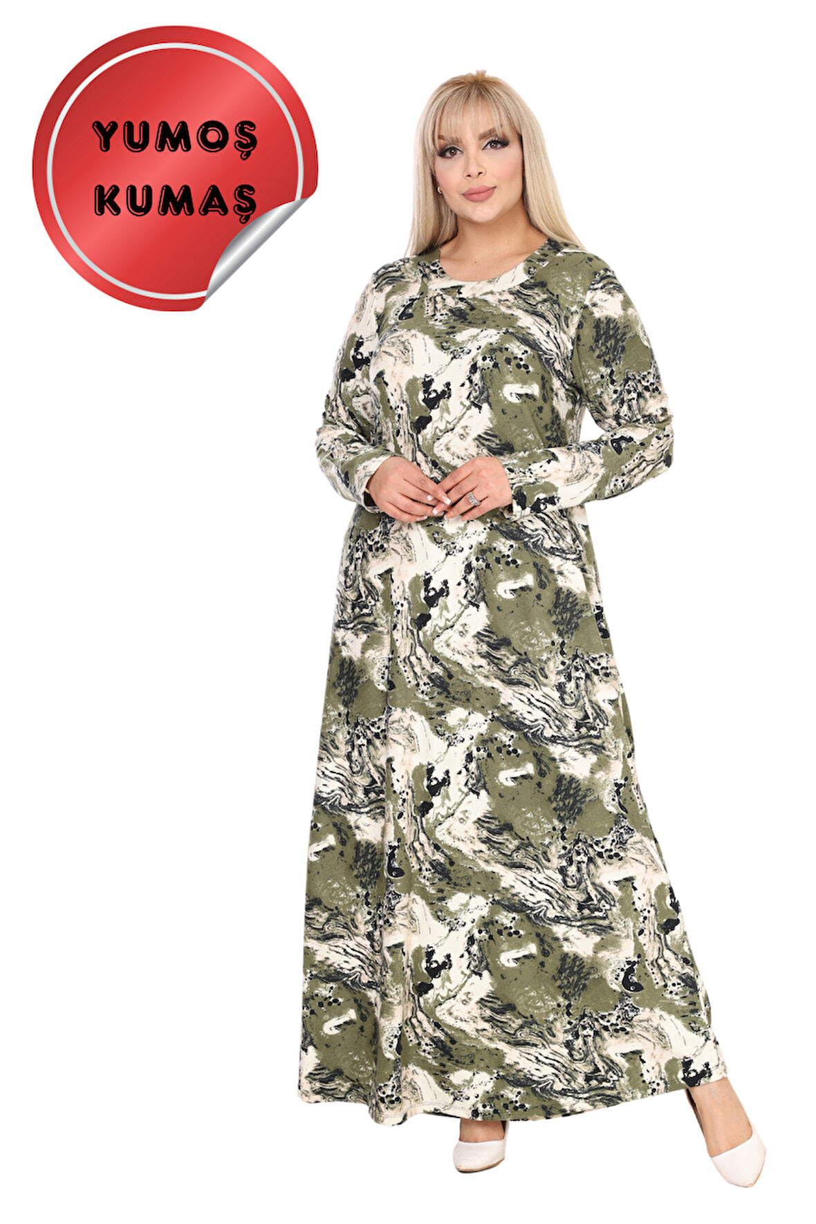 Melsay Butik Yumoş Kumaş Yeşil Batik Desen Uzun Kollu Kadın Tesettür Elbise
