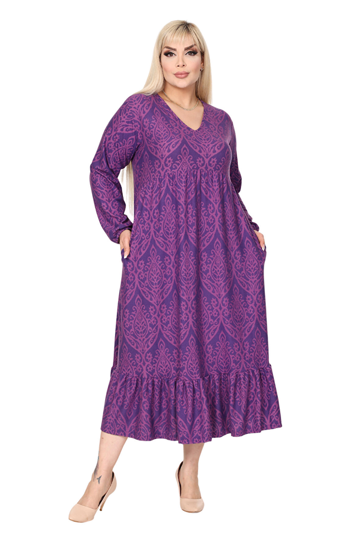 Melsay Butik Kışlık Robalı Yumoş Uzun Kollu Mor Dantel Desenli Elbise