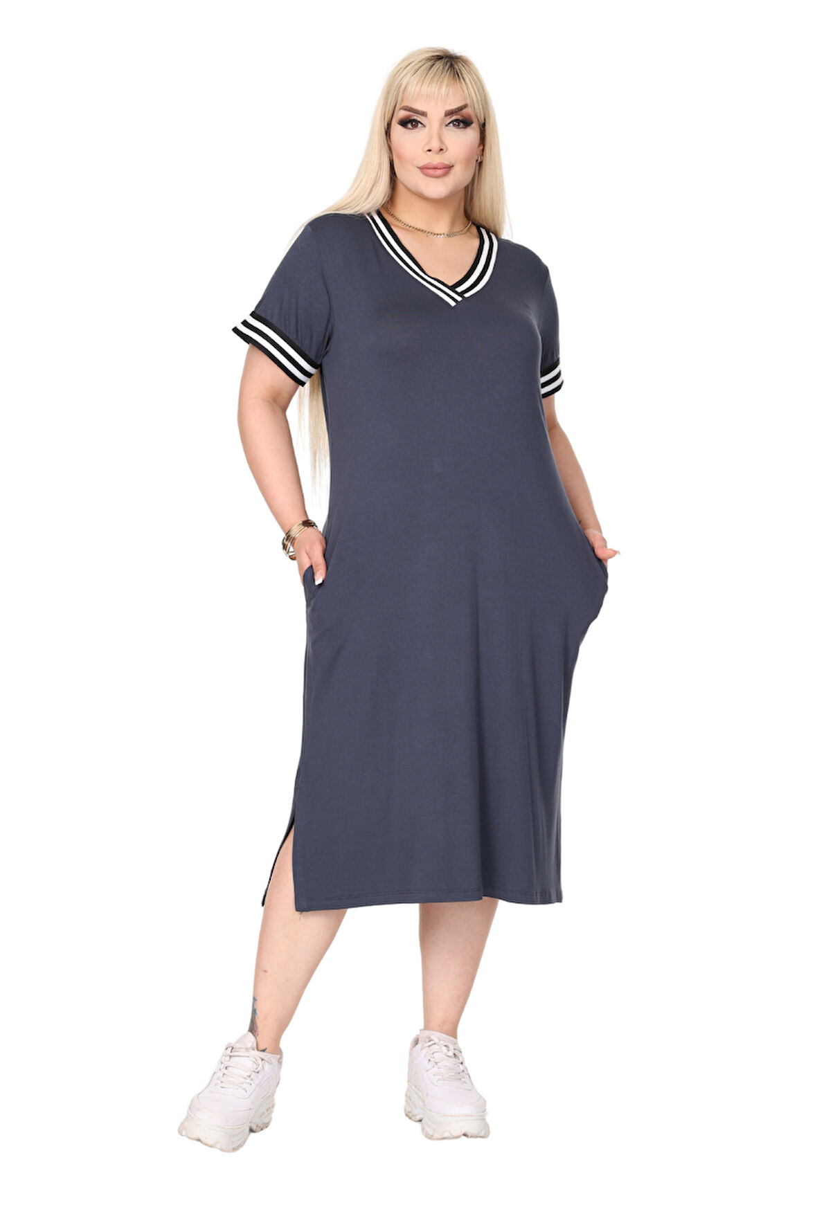 Melsay Butik Antrasit Yakası Şeritli V Yaka Midi Elbise