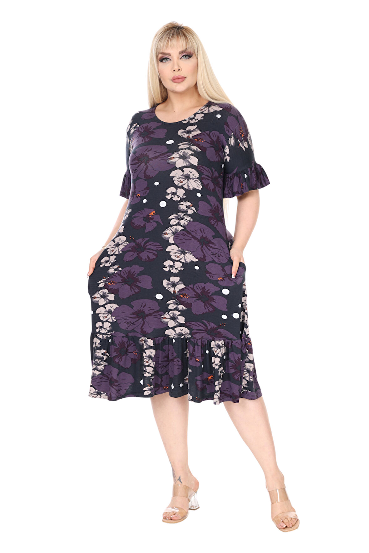 Melsay Butik Kadın Büyük Beden Eteği Fırfırlı Mor Gelincik Desen Cepli Elbise