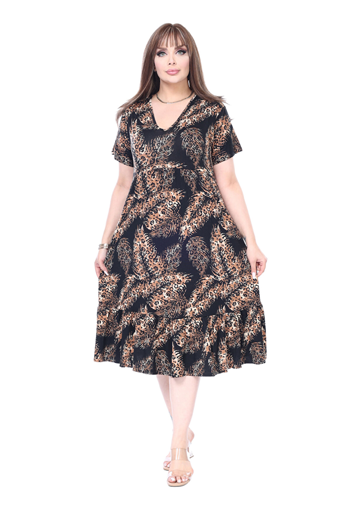 Melsay Butik Göğüsten Robalı V Yaka Kısa Kollu Siyah Başak Desen Cepli Elbise