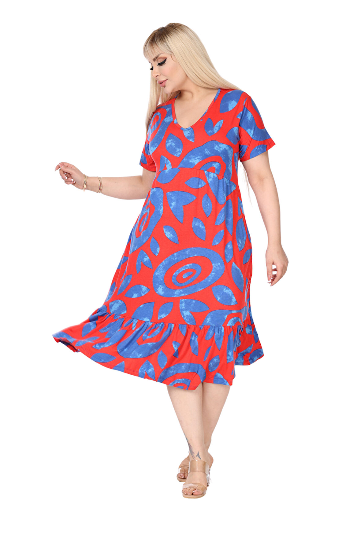 Melsay Butik Göğüsten Robalı V Yaka Kısa Kollu Pembe Nazar Desenli Cepli Elbise