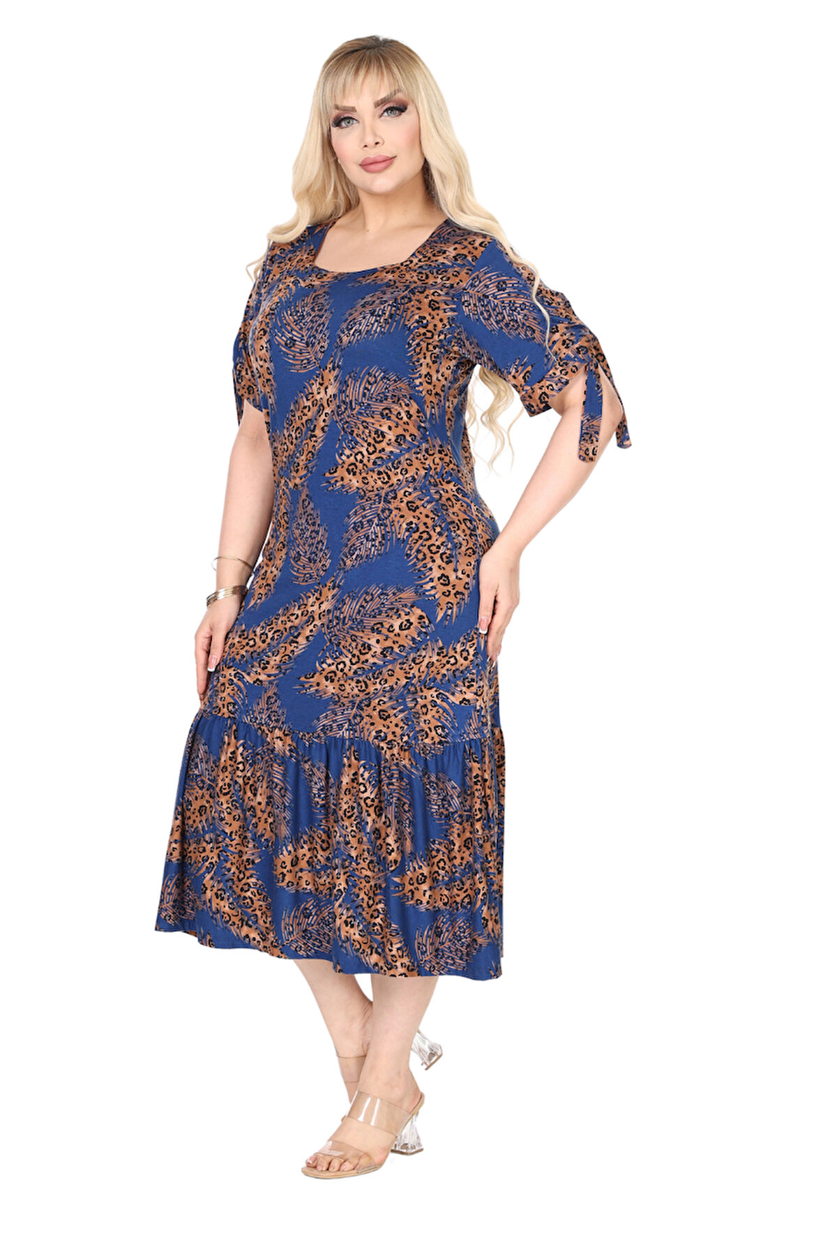 Melsay Butik Lacivert Başak Desen Kolları Bağlamalı Kısa Kollu Elbise