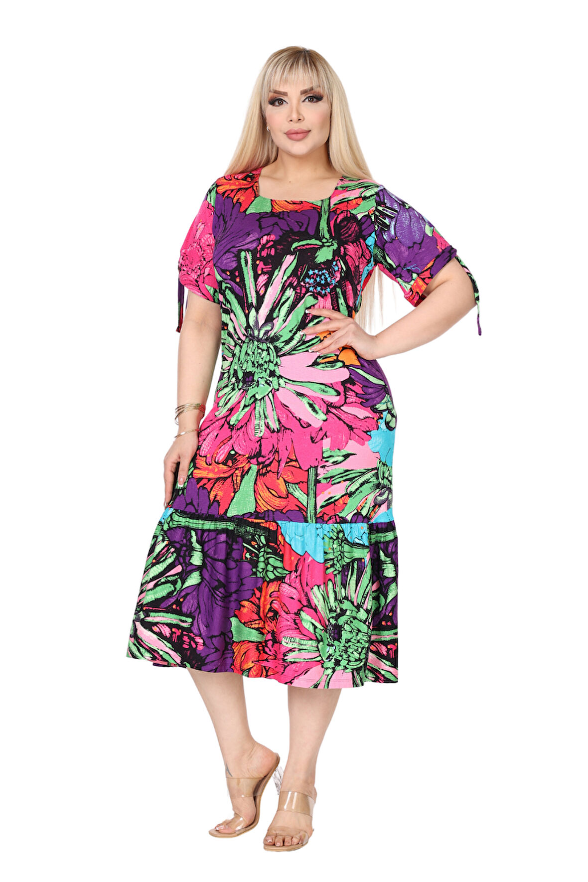 Melsay Butik Karışık Renkli Desen Kolları Bağlamalı Kısa Kollu Elbise