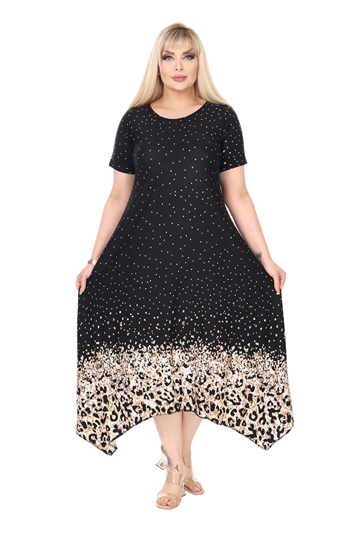 Melsay Butik Siyah Puanlı Eteği Leopar Desen Asimetrik Kısa Kollu Elbise