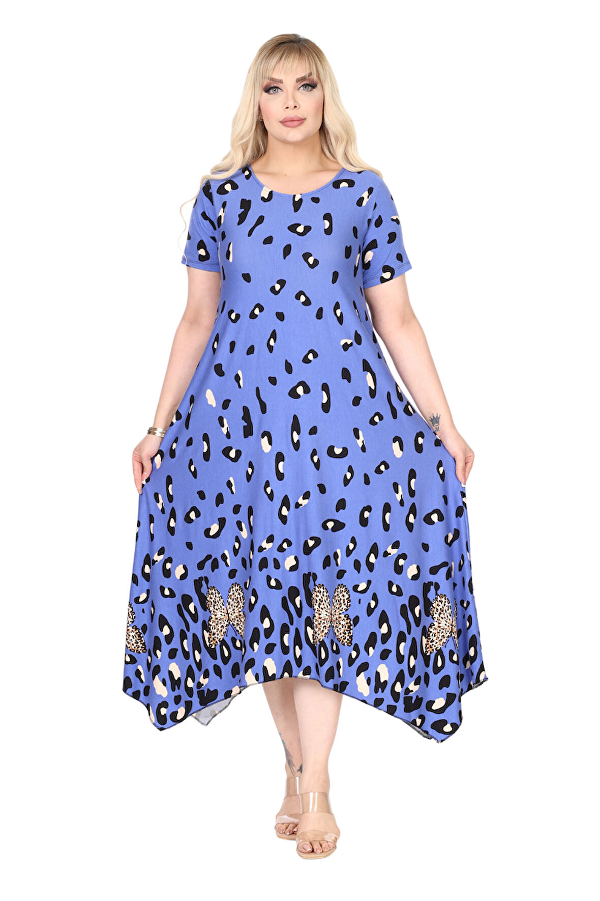 Melsay Butik Mavi Sulu Leopar Desen Asimetrik Kısa Kollu Elbise