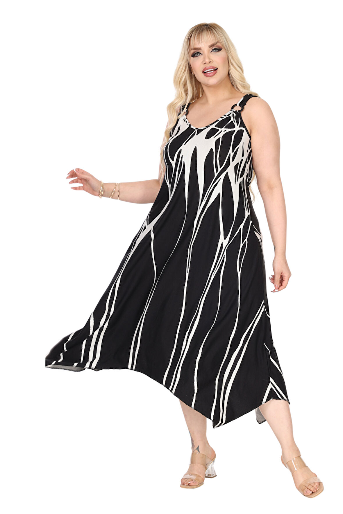 Melsay Butik Askılı V Yaka Toka Detaylı Beyaz Lav Desen Elbise