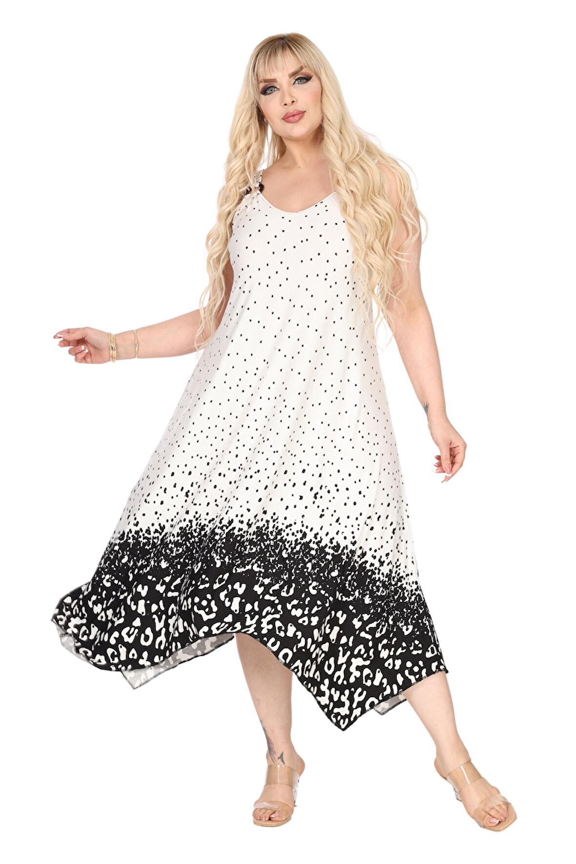 Melsay Butik Askılı V Yaka Beyaz Puanlı Eteği Leopar Desen Elbise