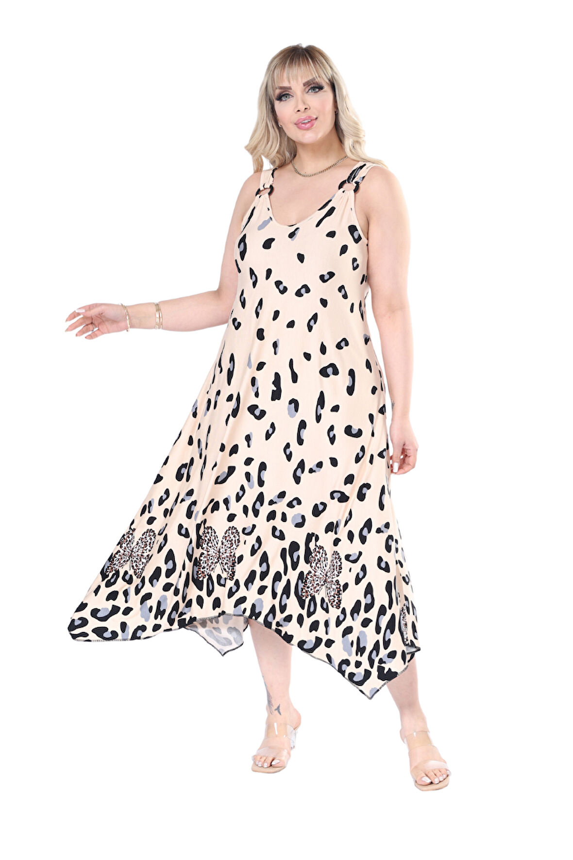 Melsay Butik Askılı V Yaka Bej Sulu Leopar Desen Elbise