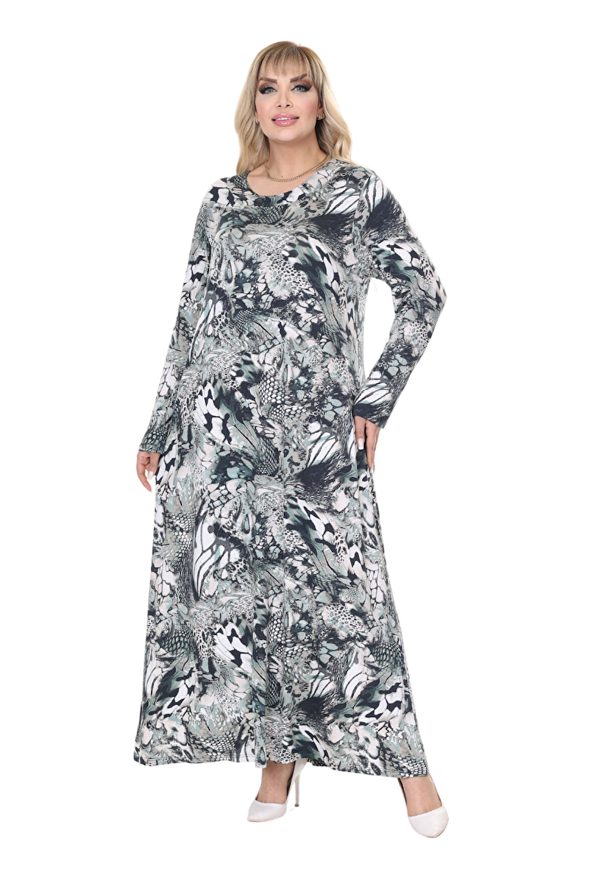 Melsay Butik Gri Yeşil Timsah Desen Uzun Kollu Kadın Tesettür Elbise