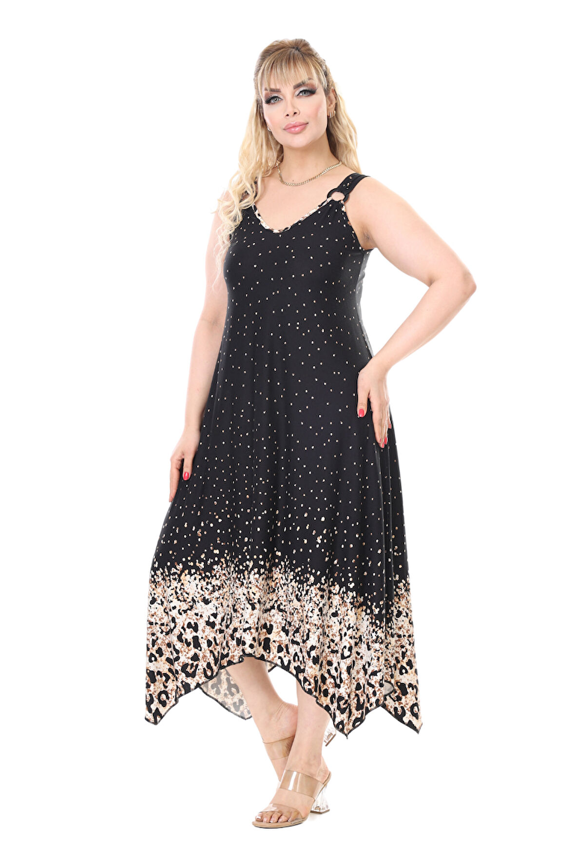 Melsay Butik Askılı V Yaka Siyah Puanlı Eteği Leopar Desen Elbise