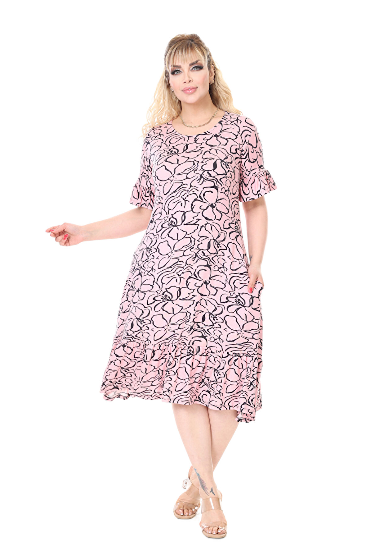 Melsay Butik Kadın Büyük Beden İnci Pembesi Çiçek Desen Cepli Elbise