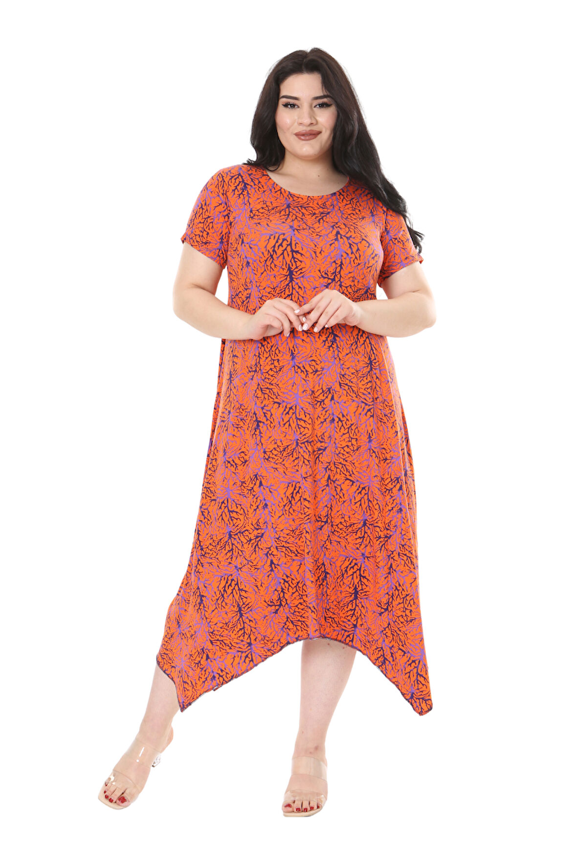 Melsay Butik Turuncu İnce Mercan Desen Asimetrik Kısa Kollu Elbise