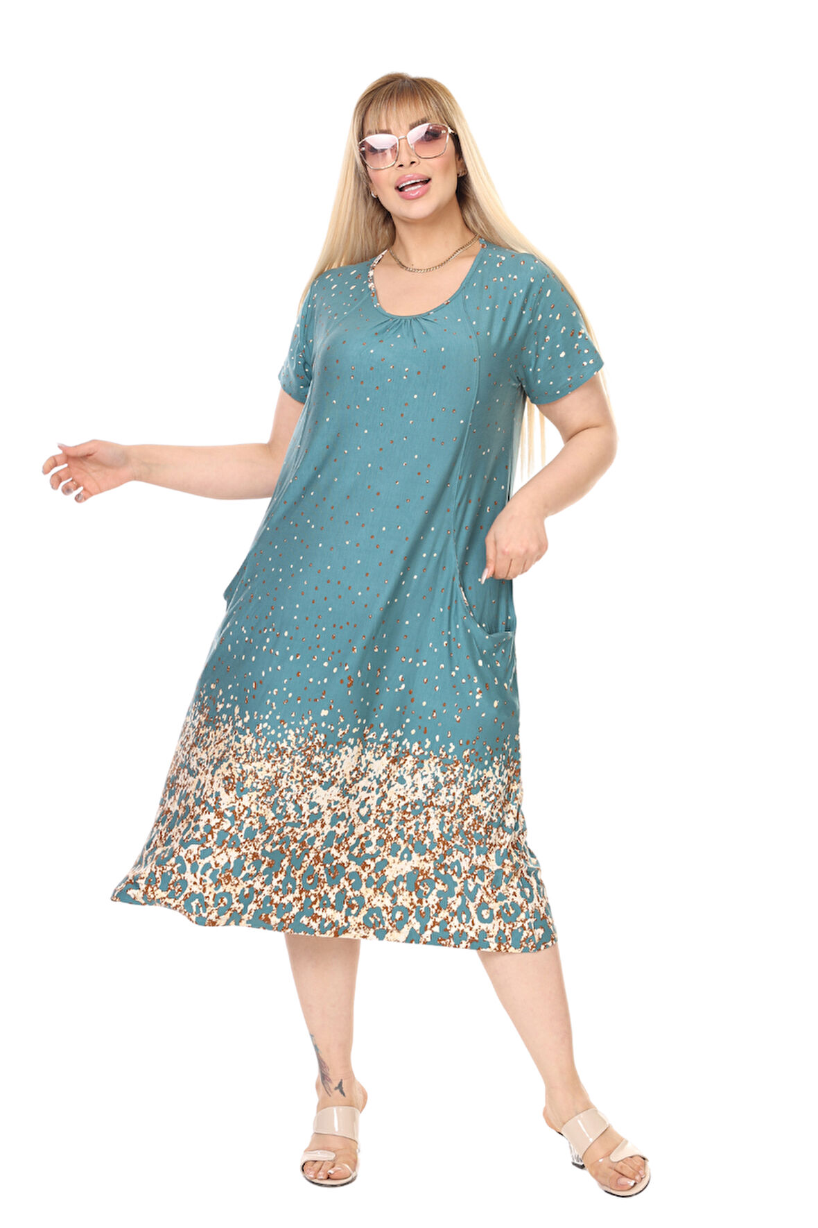Melsay Butik Yeşil Puanlı Eteği Leopar Desen Kuplu Cepli Kısa Kol Kadın Midi Elbise