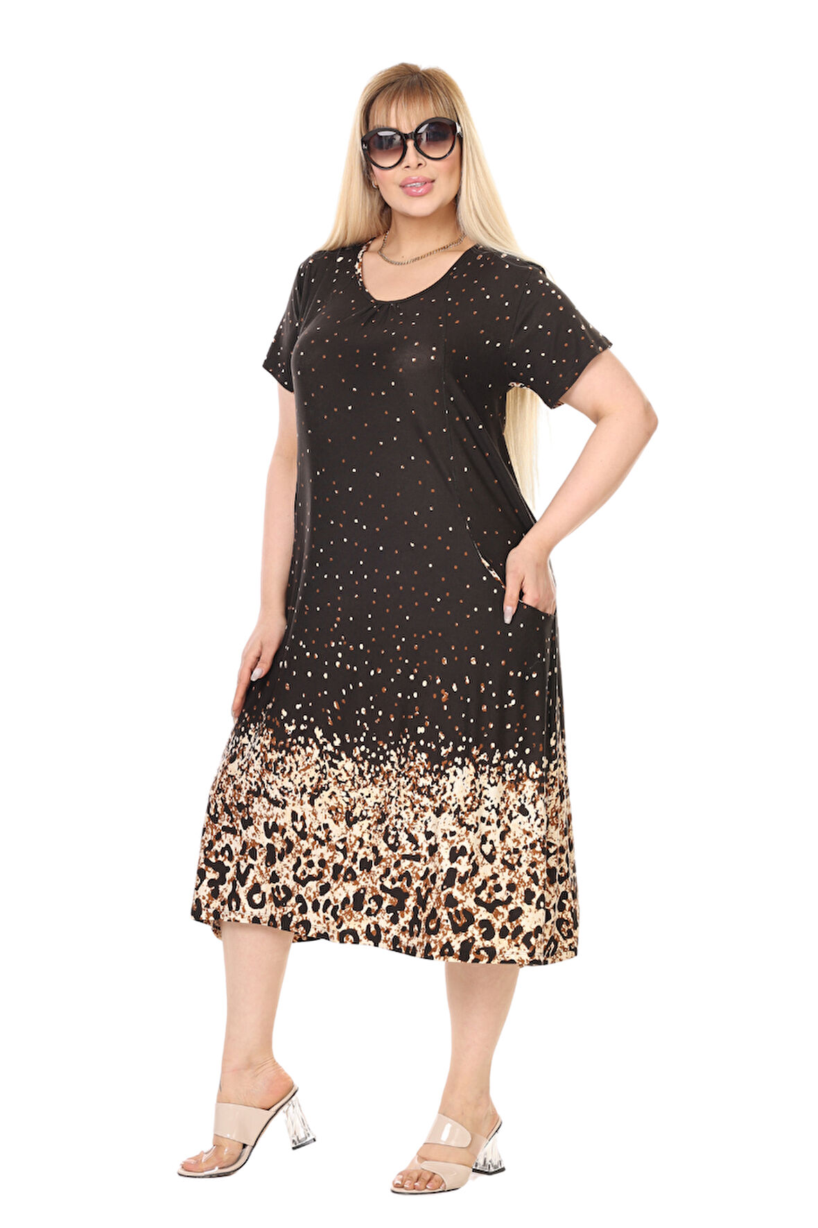 Melsay Butik Siyah Puanlı Eteği Leopar Desen Kuplu Cepli Kısa Kol Kadın Midi Elbise