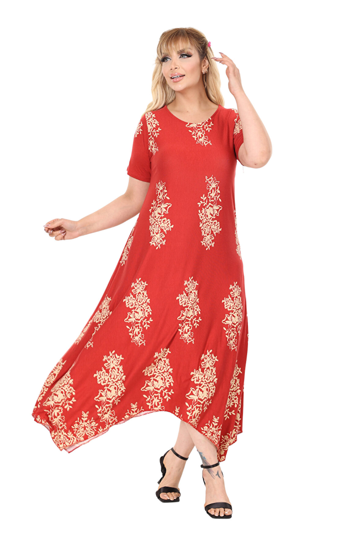 Melsay Butik Narçiçeği Pano Desen Asimetrik Kısa Kollu Elbise