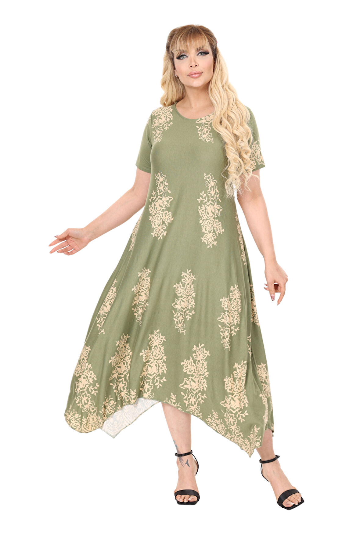 Melsay Butik Haki Pano Desen Asimetrik Kısa Kollu Elbise