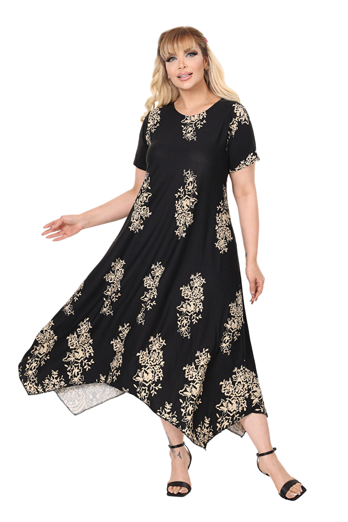 Melsay Butik Siyah Pano Desen Asimetrik Kısa Kollu Elbise