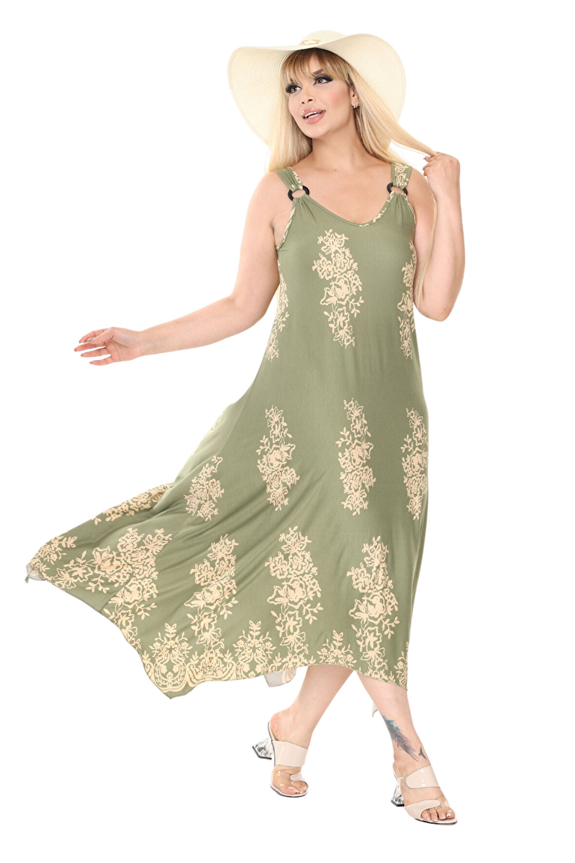 Melsay Butik Askılı V Yaka Haki Pano Desen Elbise