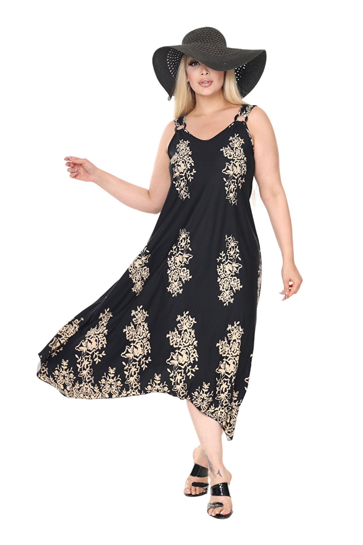 Melsay Butik Askılı V Yaka Siyah Pano Desen Elbise