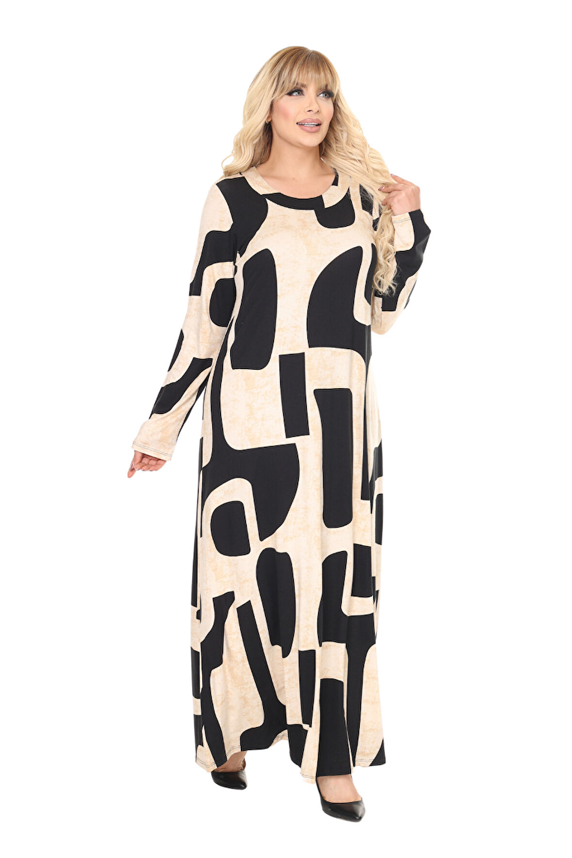 Melsay Butik Bej Picasso Desen Uzun Kollu Kadın Tesettür Elbise