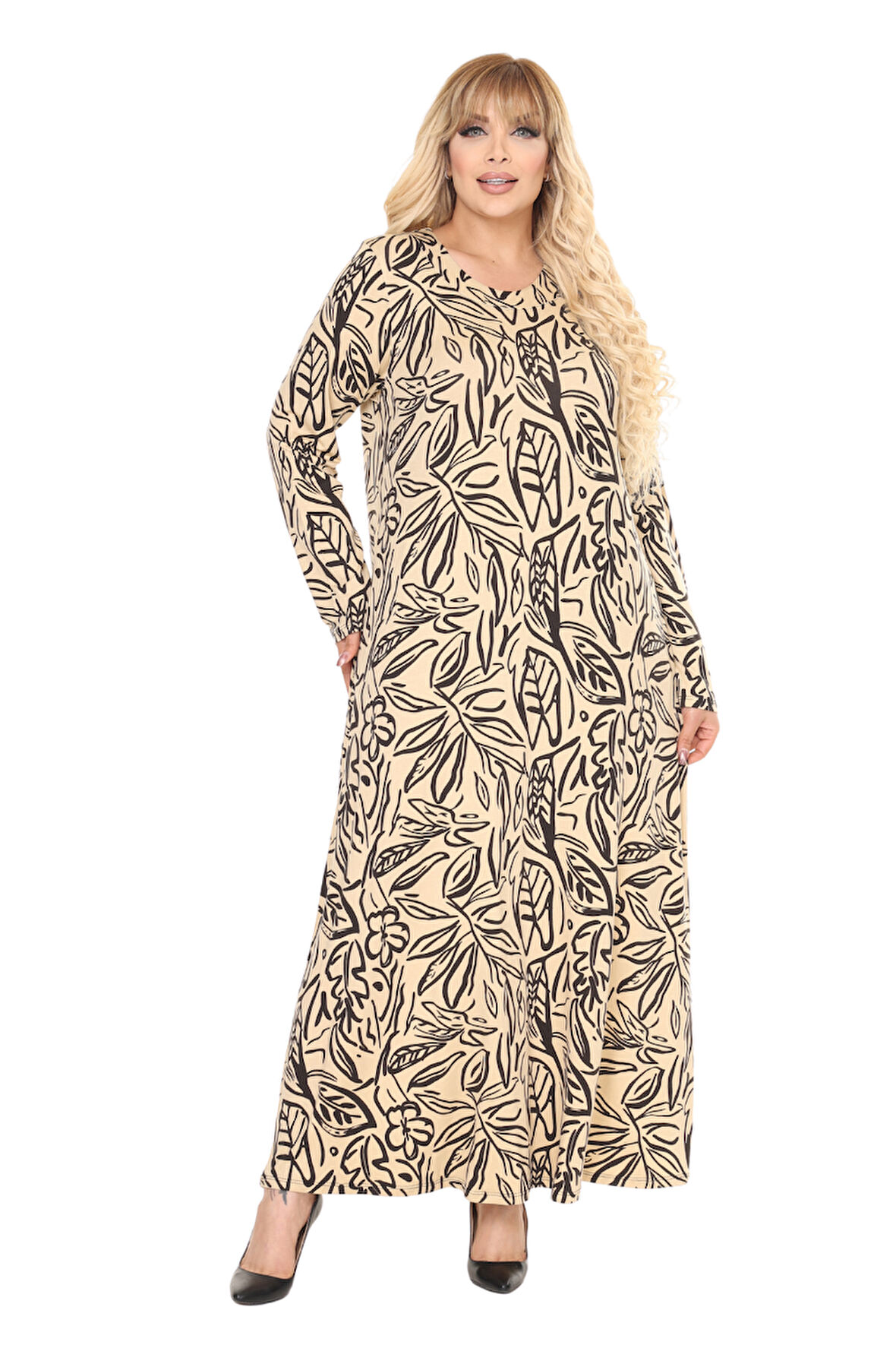 Melsay Butik Krem Yaprak Desen Uzun Kollu Kadın Tesettür Elbise