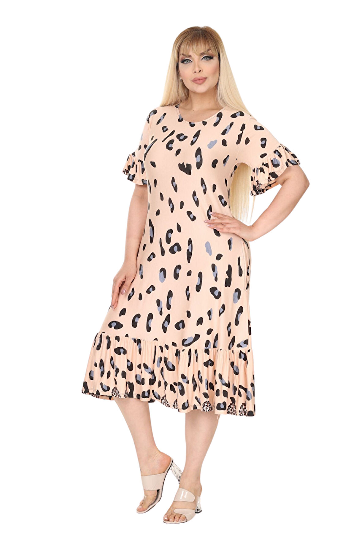 Melsay Butik Büyük Beden Eteği Fırfırlı Bej Leopar Desen Cepli Elbise