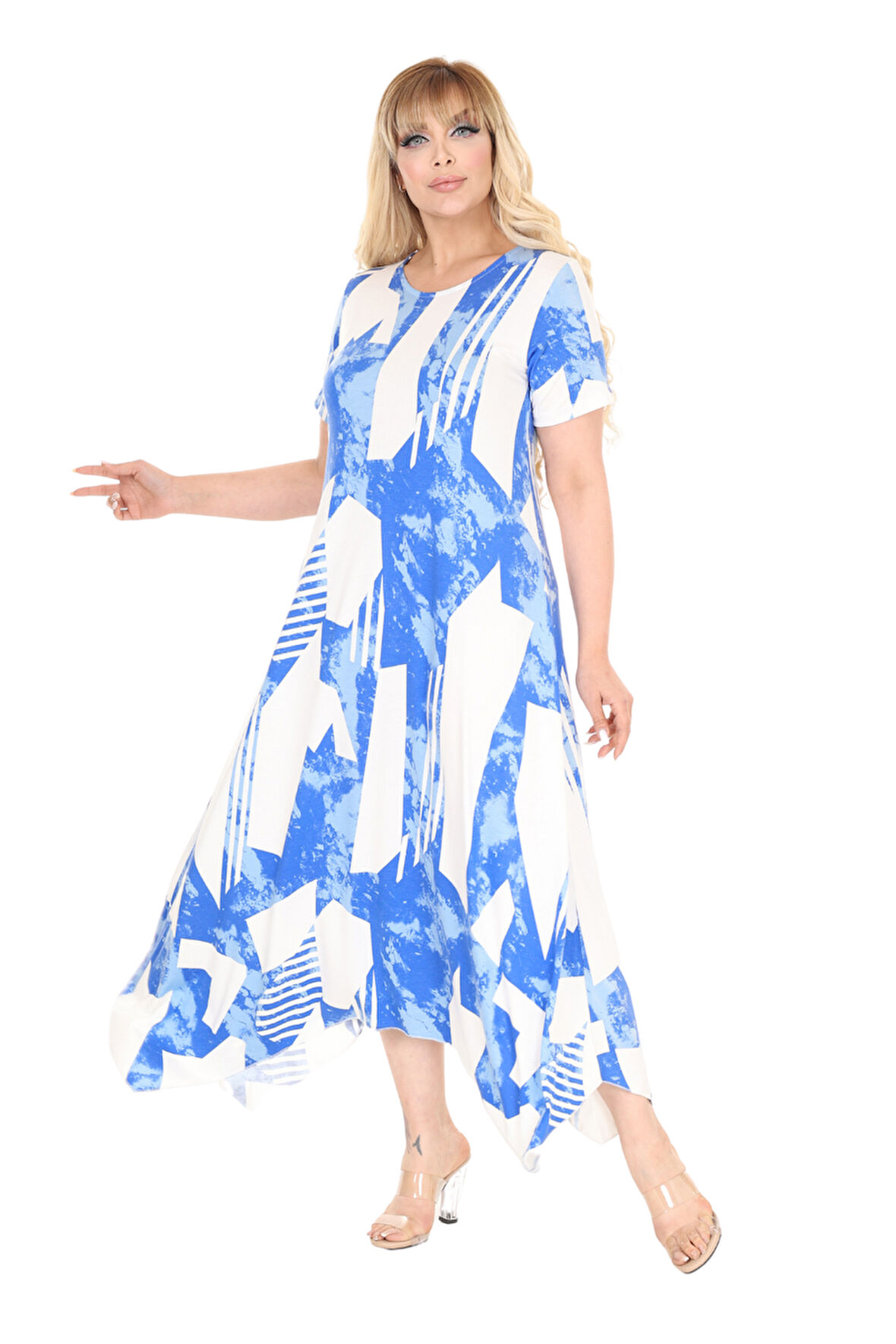 Melsay Butik Mavi Vintage Desen Asimetrik Kısa Kollu Elbise