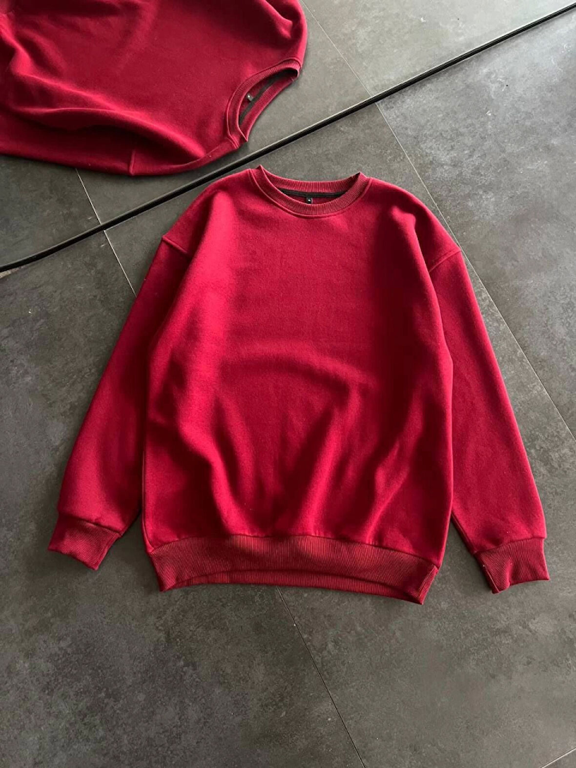 Kışlık Bisiklet Yaka Üç İplik Basic SweatShirt - Bordo