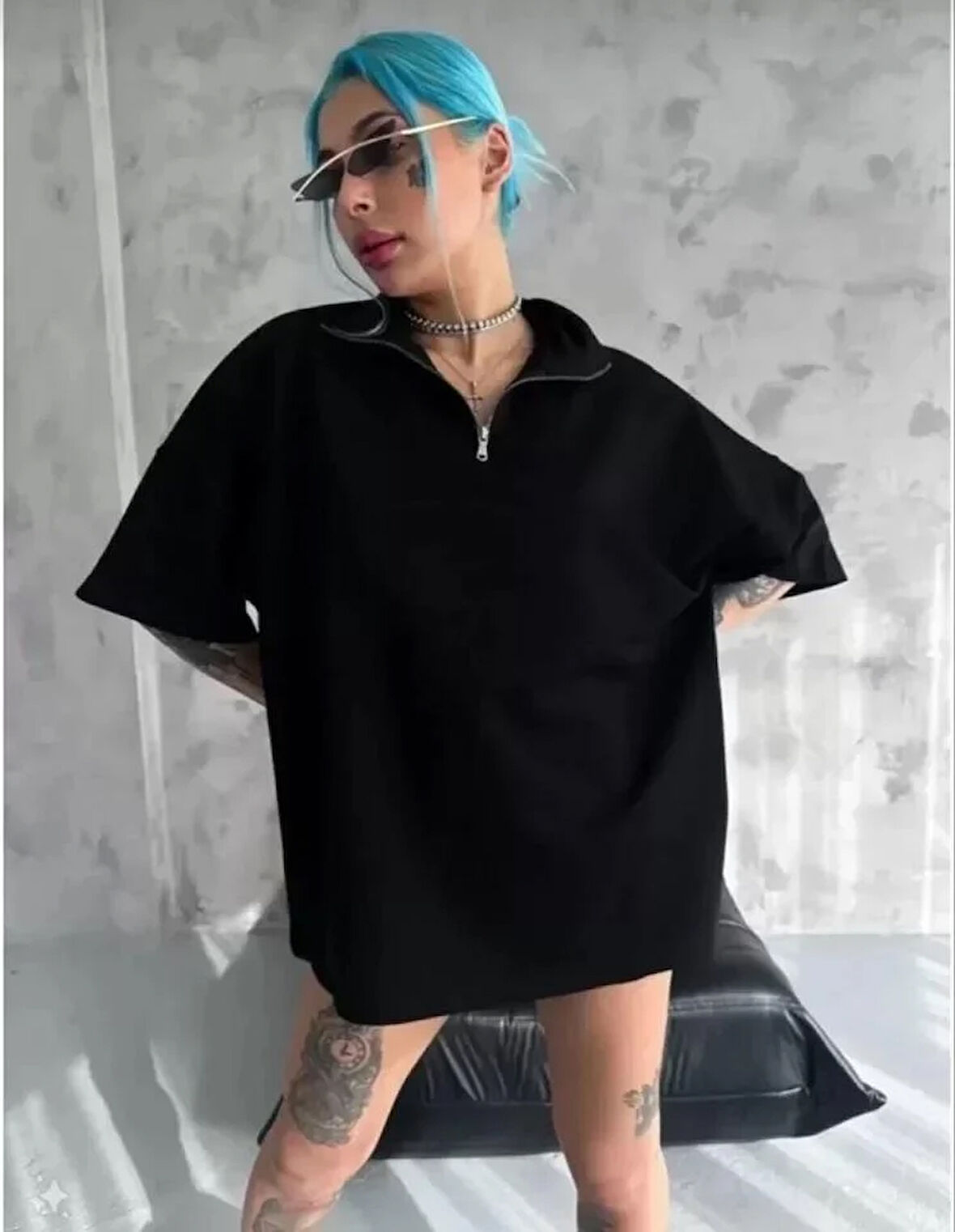 Unisex Yarım Fermuarlı Düz Oversize T-Shirt - Siyah