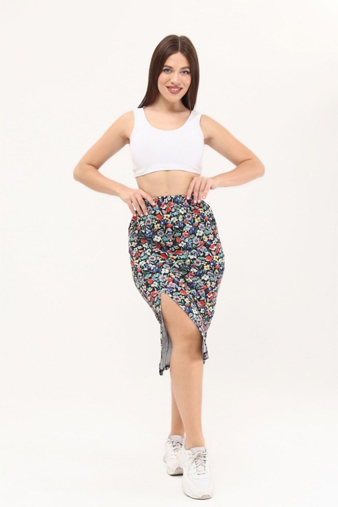 ÇİÇEK DESENLİ YIRTMAÇLI KALEM ETEK