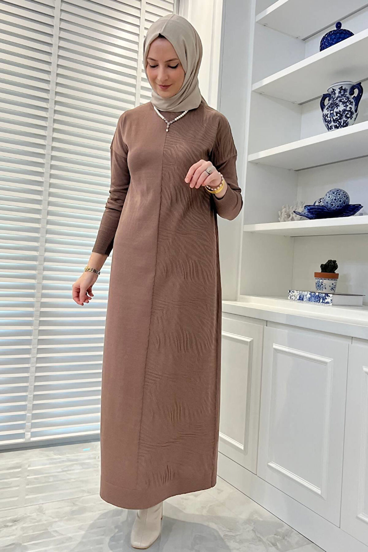 Zebra Desen Triko Elbise Sütlü Kahve