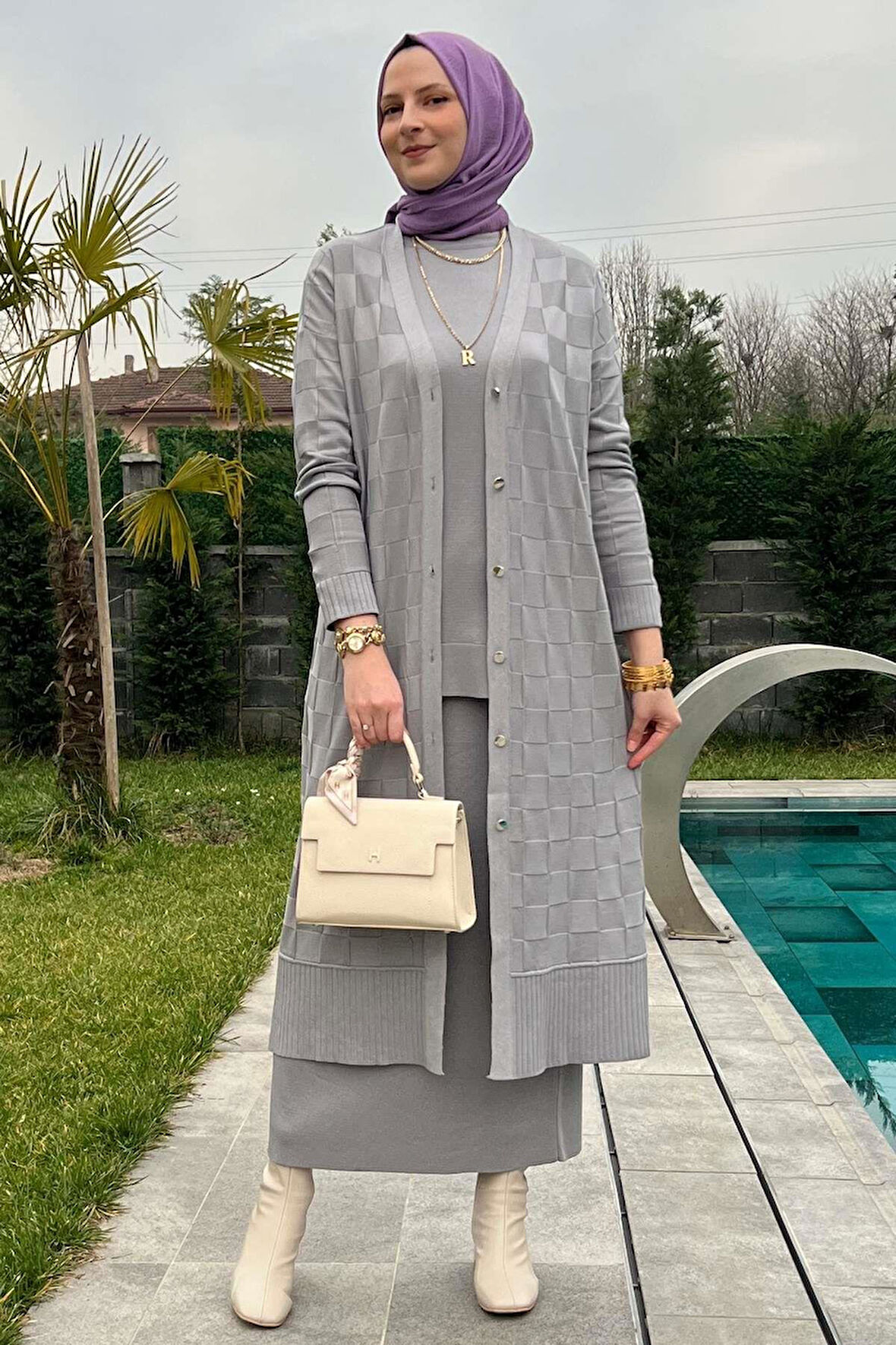 Dama Desenli Gri Triko Hırka