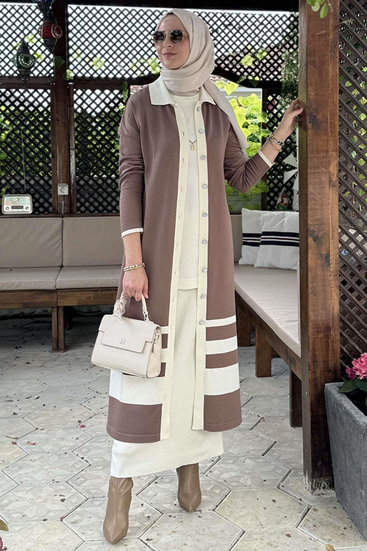 İmge Çizgili Triko Hırka Sütlü Kahve